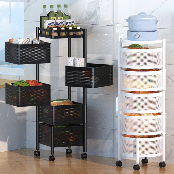 Kitchen rotating storage rack, home-use floor-standing multi-layer snack box, living room fruit and vegetable basket, small trolley storage rack, mobile