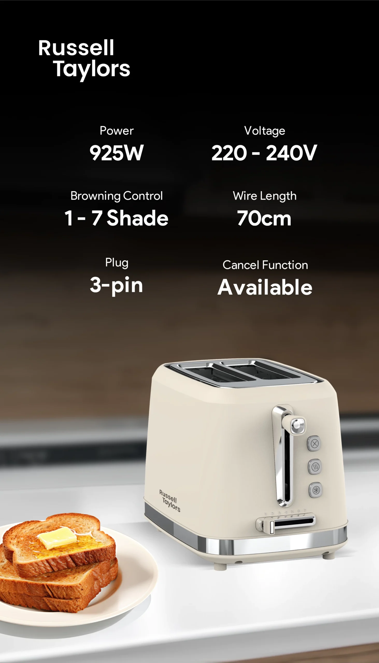 Russell Taylors Retro Toaster RT-10, 𝟳 𝗦𝗵𝗮𝗱𝗲 𝗦𝗲𝘁𝘁𝗶𝗻𝗴𝘀, 2 Years Warranty