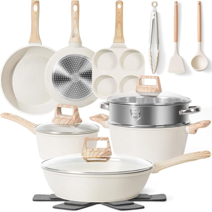 17 Pcs Pots and Pans Set Non stick .Cookware Sets White Granite Induction Cookware. Non-toxic Healthy Non Stick Kitchen Cooking Set with Frying Pans Set. Saucepans (PFAS. PFOA. PFOS Free) White