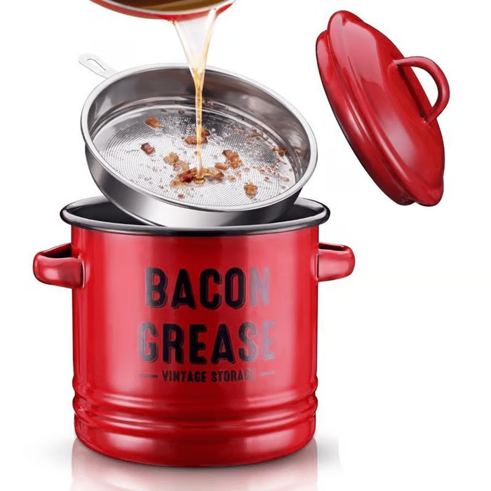 Top Christmas Gift 2025 🎅-42 oz bacon grease container with strainer and food-grade silicone spatula