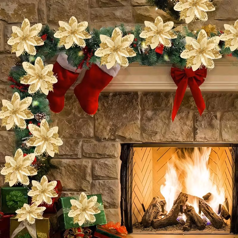 48pcs Golden Glitter Christmas Flowers with Clips - Elegant Golden Floral Decorations, No Assembly Needed, Durable Plastic Artificial Flowers for Christmas Tree, Wreaths, Wedding, Party, Home - Indoor/Outdoor Holiday Decor - Reusable & Easy to Hang, Christmas Flower Decorations, Festive Decorations, Festive Design, Lightweight Decorations, Decorative Blooms, Event Planners, Christmas Decor