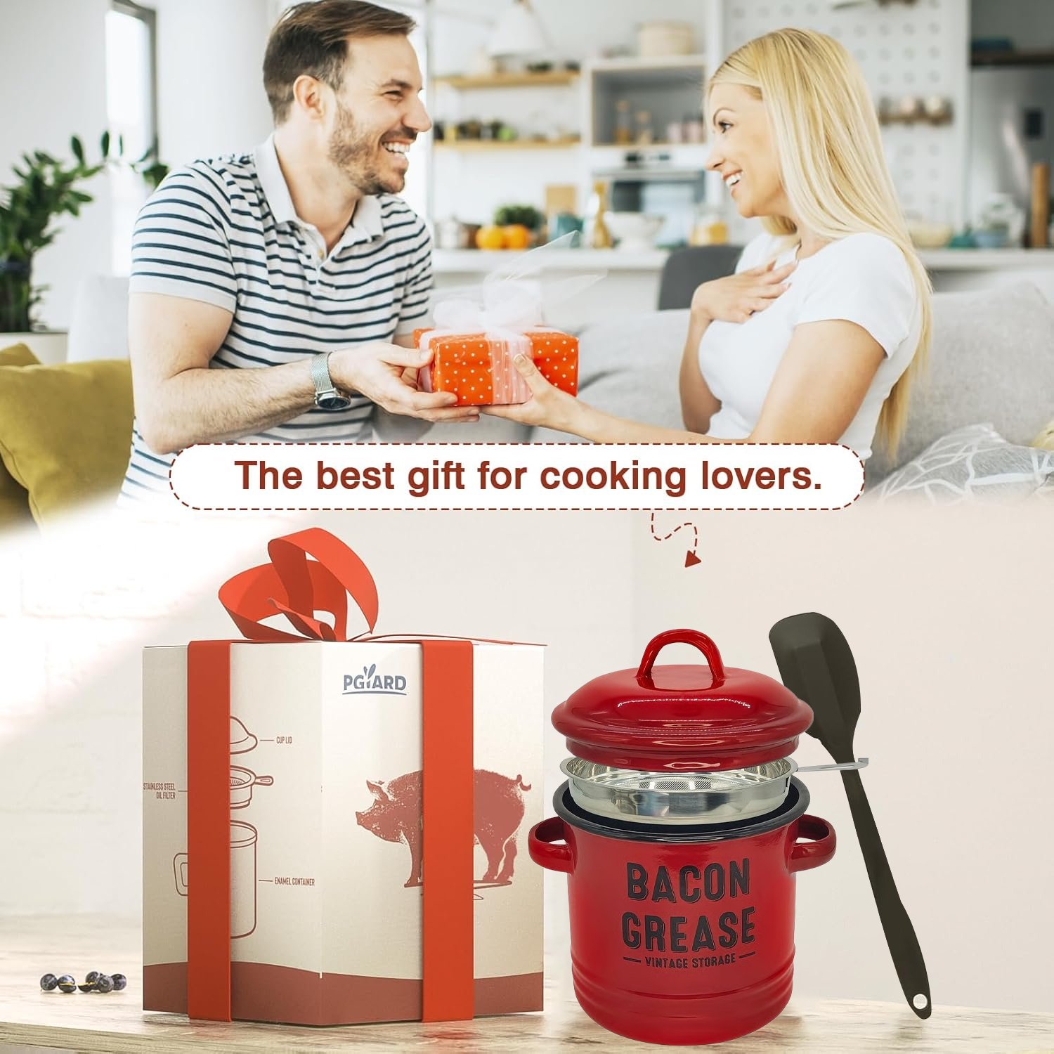 Top Christmas Gift 2025 🎅-42 oz bacon grease container with strainer and food-grade silicone spatula